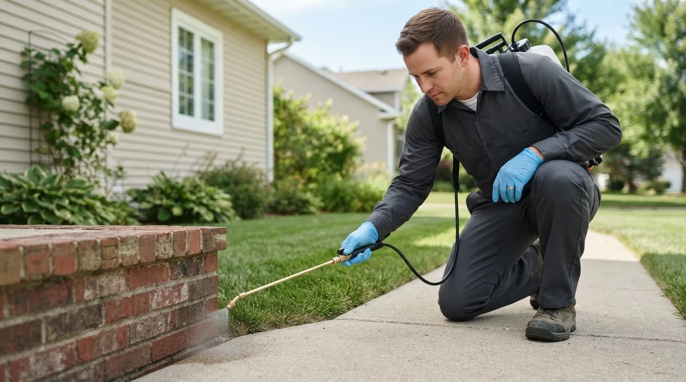 Pest control technician treating a home near Coventry, RI